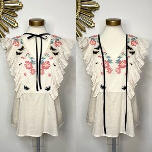 St. Roche Embroidered Floral Ruffle Sleeveless Top